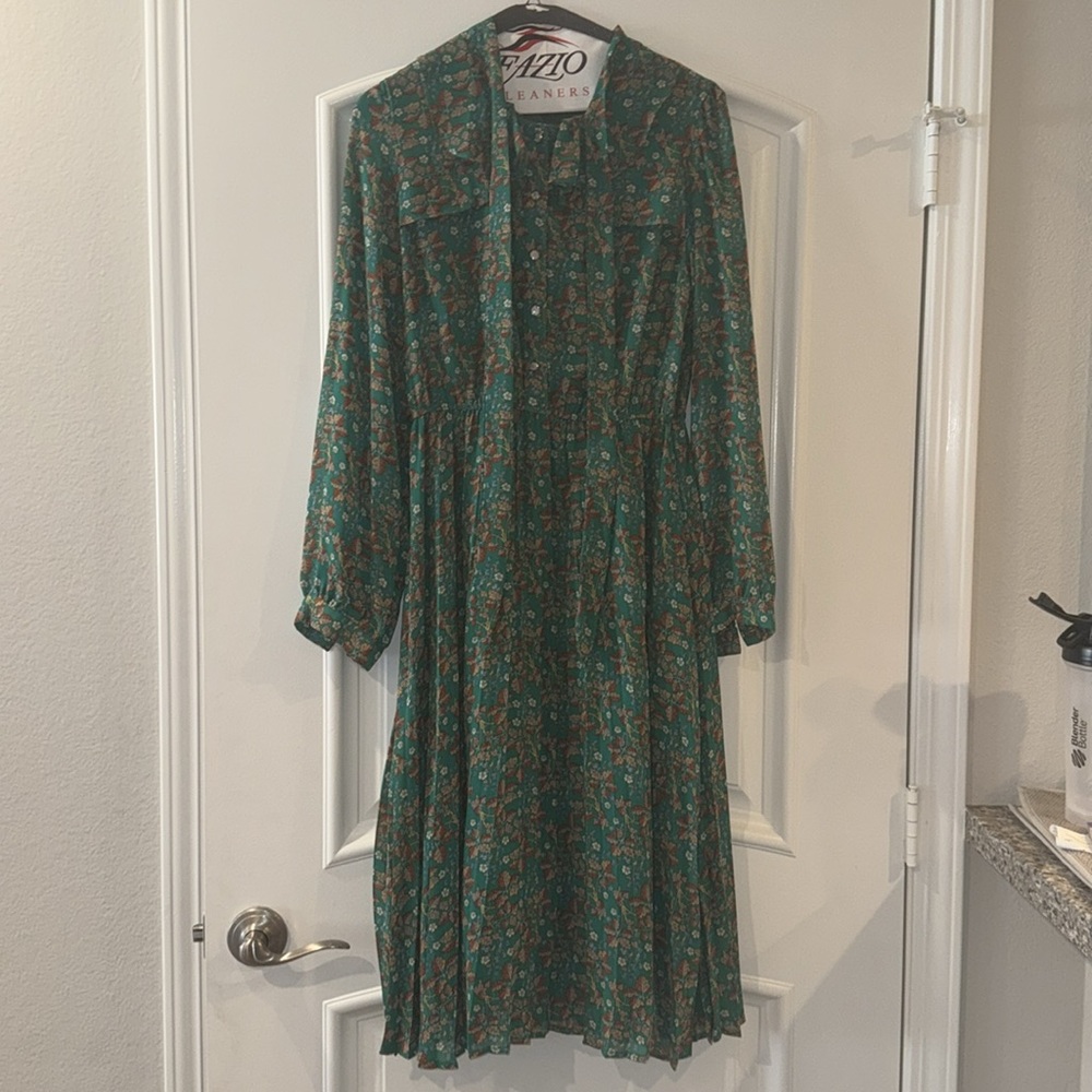 Haokeke Green Floral Long Sleeve Chiffon Pleated Midi Dress - M - Picture 8 of 16